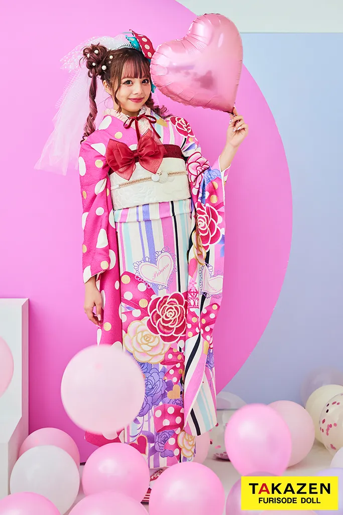 TAKAZENのレンタル振袖 キュートガーリー　ピンク/紫　カメリア/ストライプ/ドット　ポップ　Barbie振袖　ギャル　かわいい　リボンコーデ　派手　今日好き♡あいさちゃん【通販可】LB22