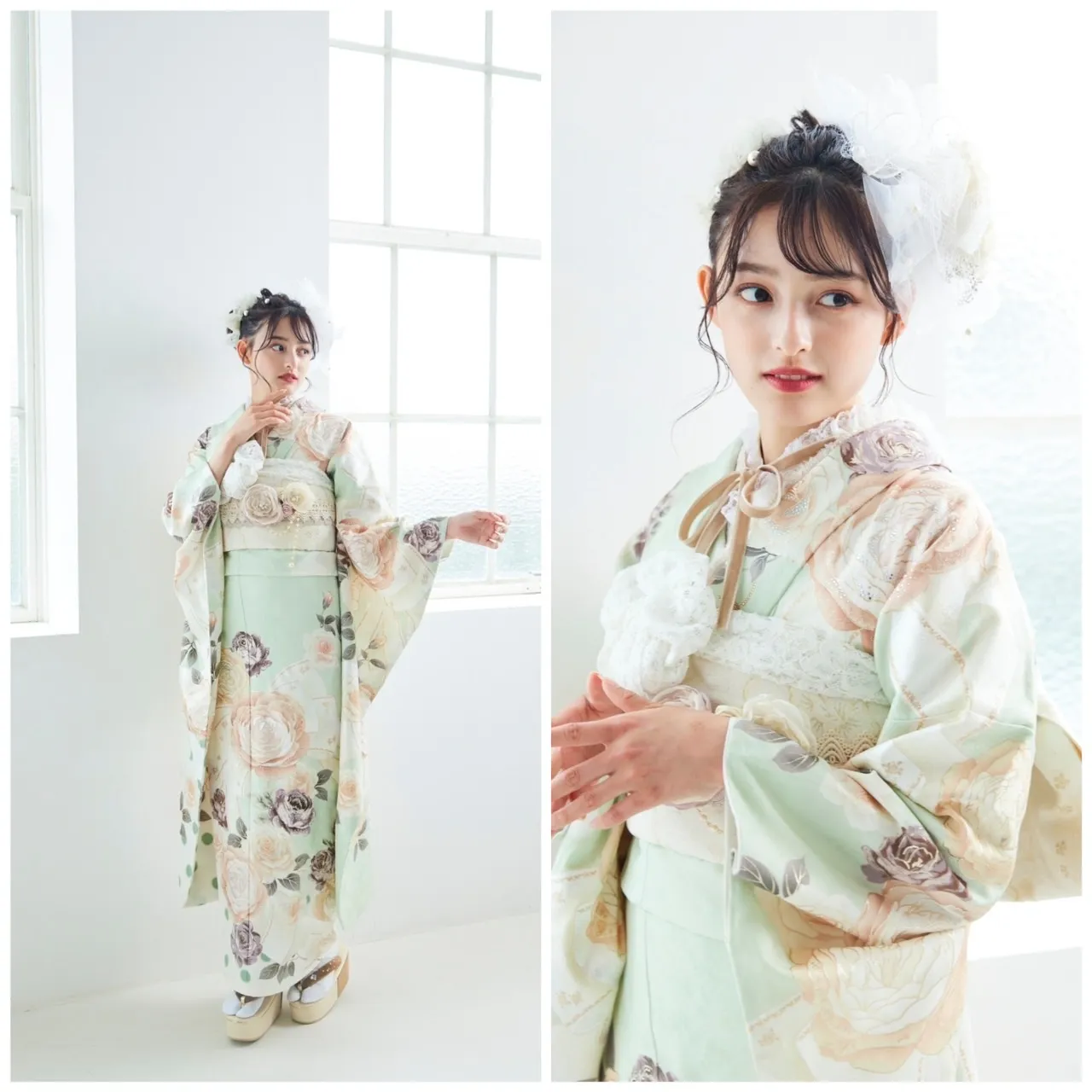大峰ユリホ くすみカラー TAKAZEN タカゼン かわいい イマドキ ヘアアレンジ オシャレ 淡色 振袖 袴 レンタル 前撮り ヘップバーン オリジナル