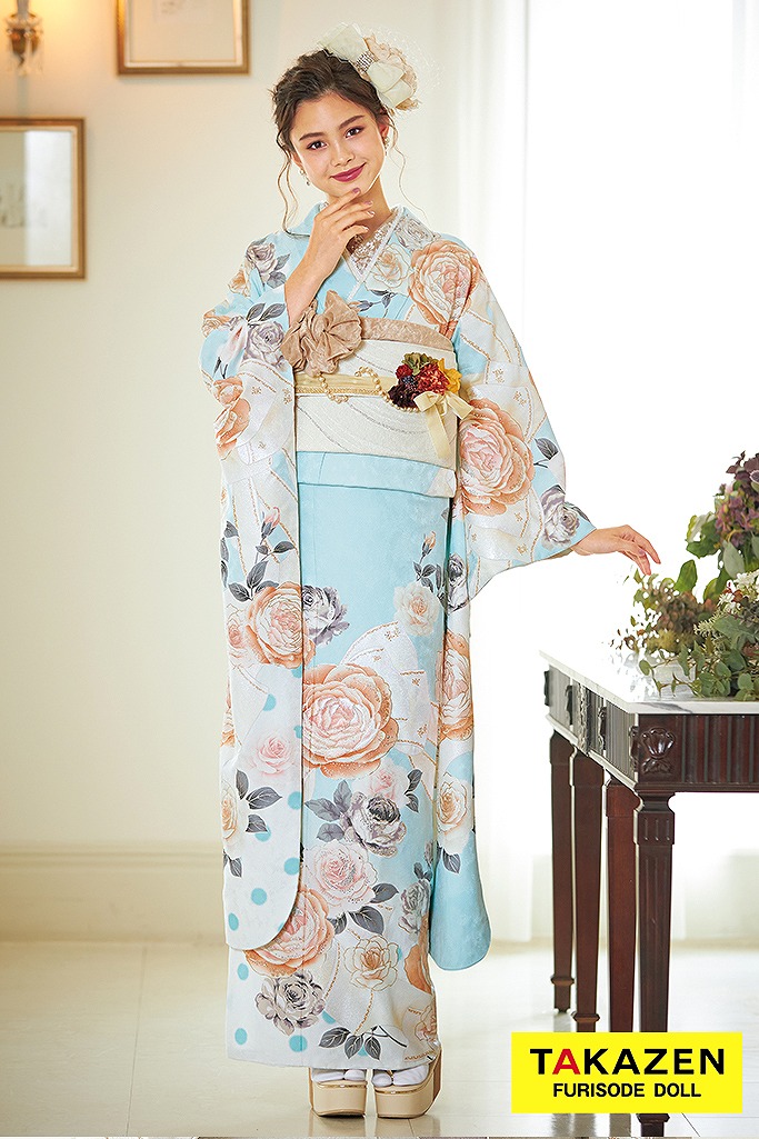 成人式 レンタル 振袖 可愛い 今どき 青色 ブルー 花 水色 淡い色 ヘップバーン ガーリー