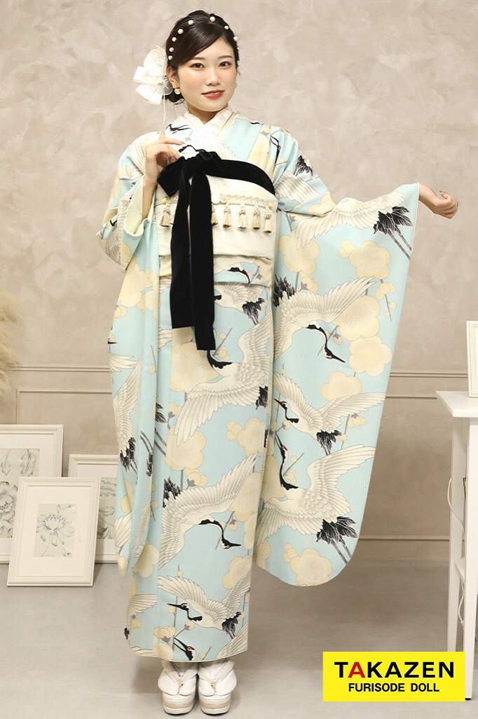 成人式 レンタル 振袖 可愛い 今どき 青色 ブルー 花 水色 淡い色 レトロ