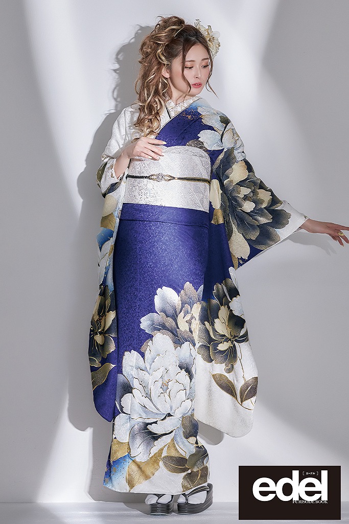 成人式 レンタル 振袖 可愛い 今どき 青色 ブルー 花 古典 ゆうちゃみ 片身変わり ネイビー 紺