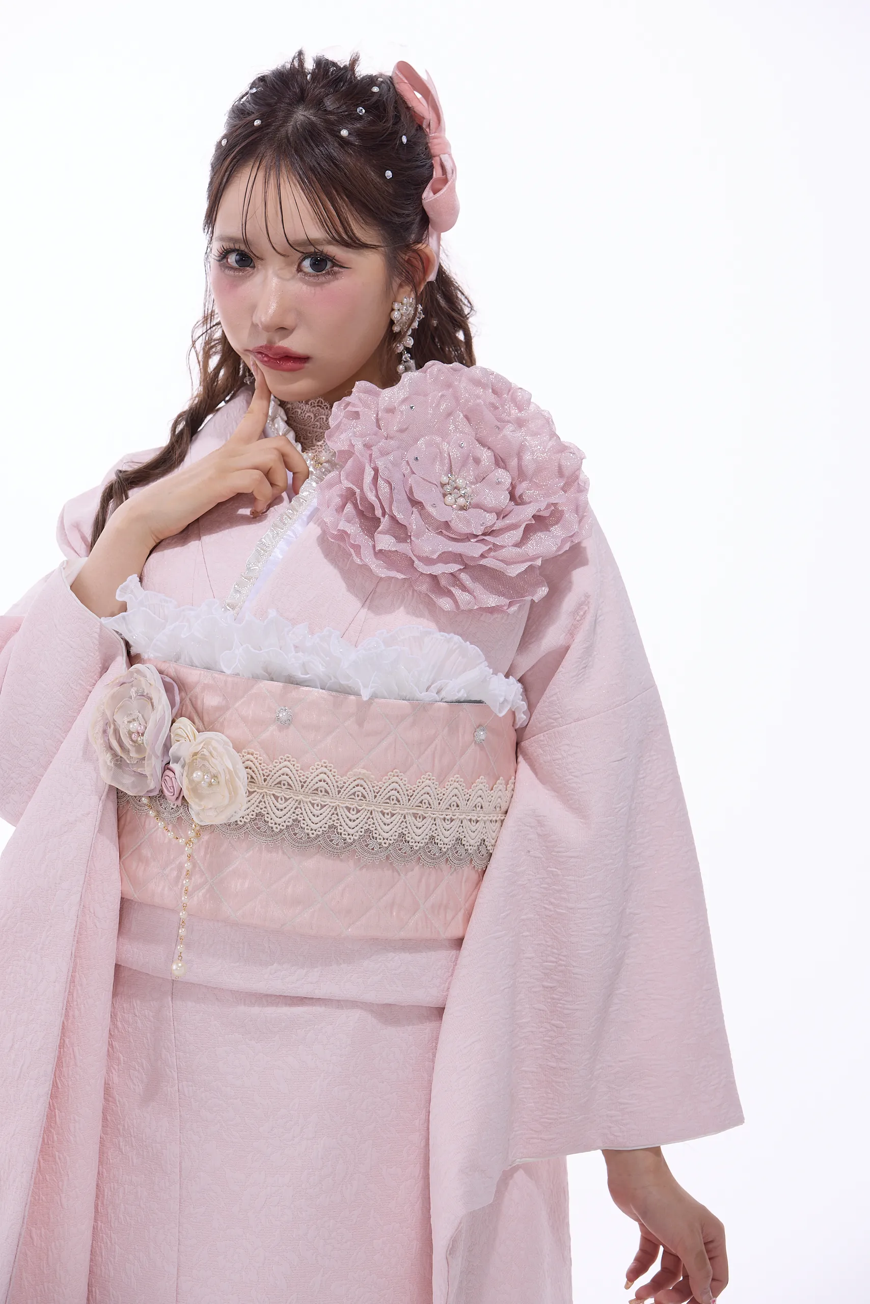 成人式振袖レンタル　ローズ　ピンク　立体花