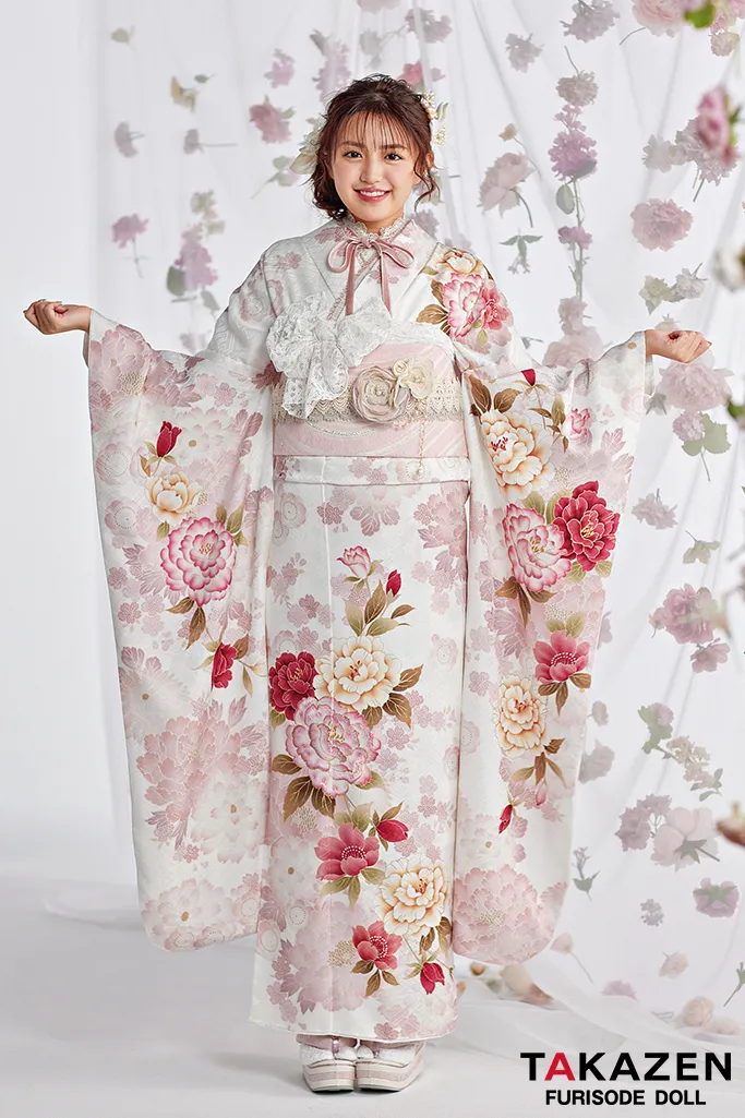 TAKAZENのレンタル振袖 くすみカラーガーリー　白/ピンク/淡色　牡丹柄　あざとかわいい　人気　リボン小物コーデ　香音ちゃん【通販可】25017