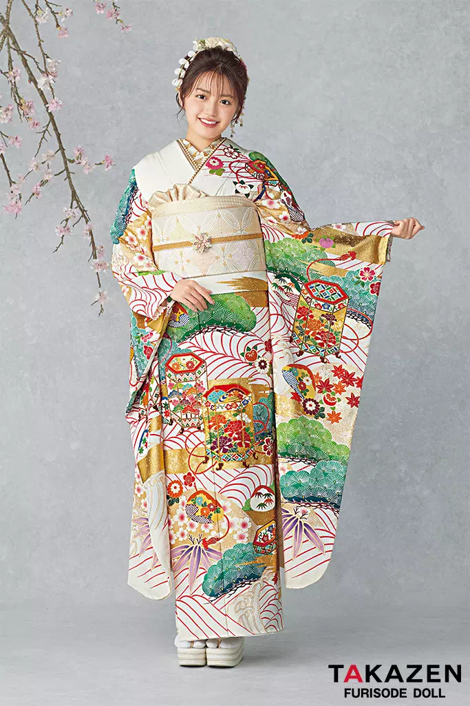 TAKAZENのレンタル振袖 最高級古典柄振袖　吉澤織物/最高級金彩手描友禅　白　貝桶/波模様　上品　おしとやか　香音ちゃん【通販可】25035