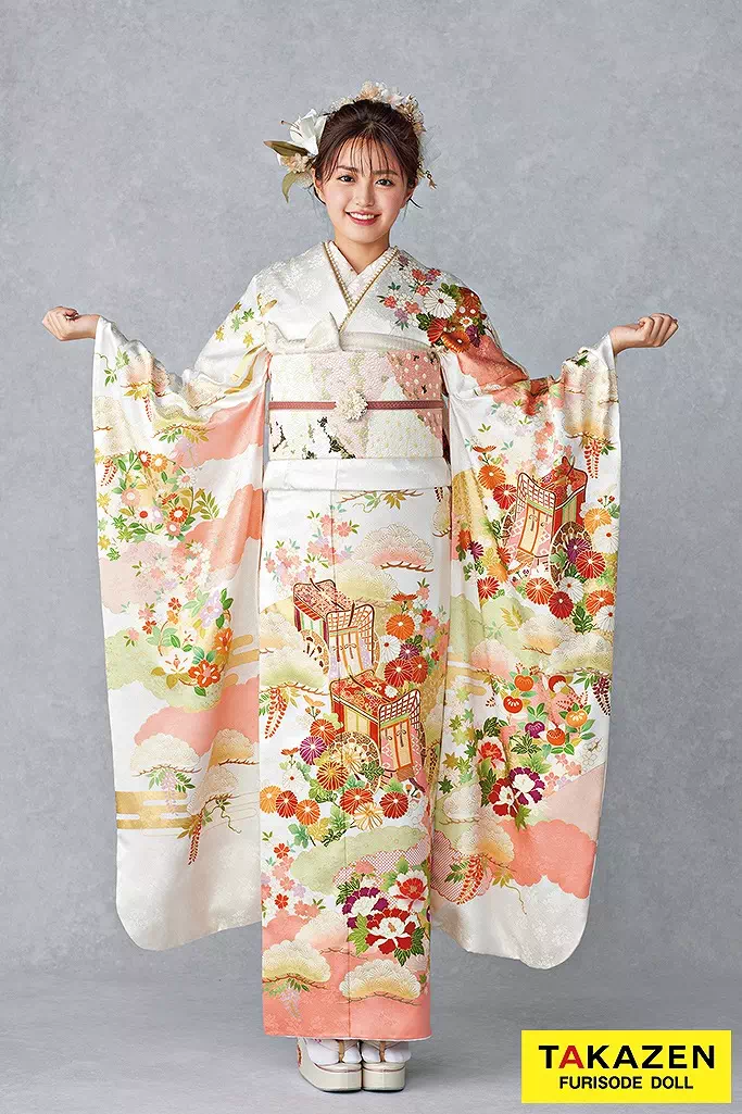 TAKAZENのレンタル振袖 最高級古典柄振袖　吉澤織物/文楽/人間国宝吉田簑助　白/ピンク　御所車/雲取り　かわいい　上品　はんなり　香音ちゃん【通販可】25038