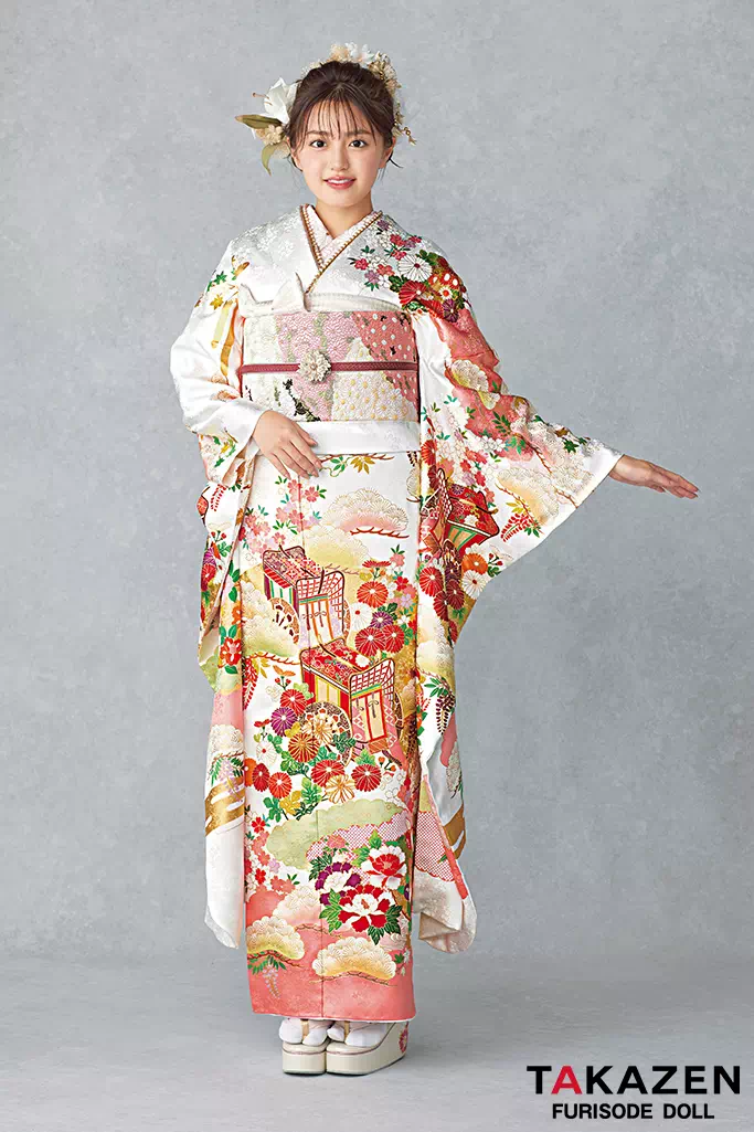 TAKAZENのレンタル振袖 最高級古典柄振袖　吉澤織物/文楽/人間国宝吉田簑助　白/ピンク　御所車/雲取り　かわいい　上品　はんなり　香音ちゃん【通販可】25038