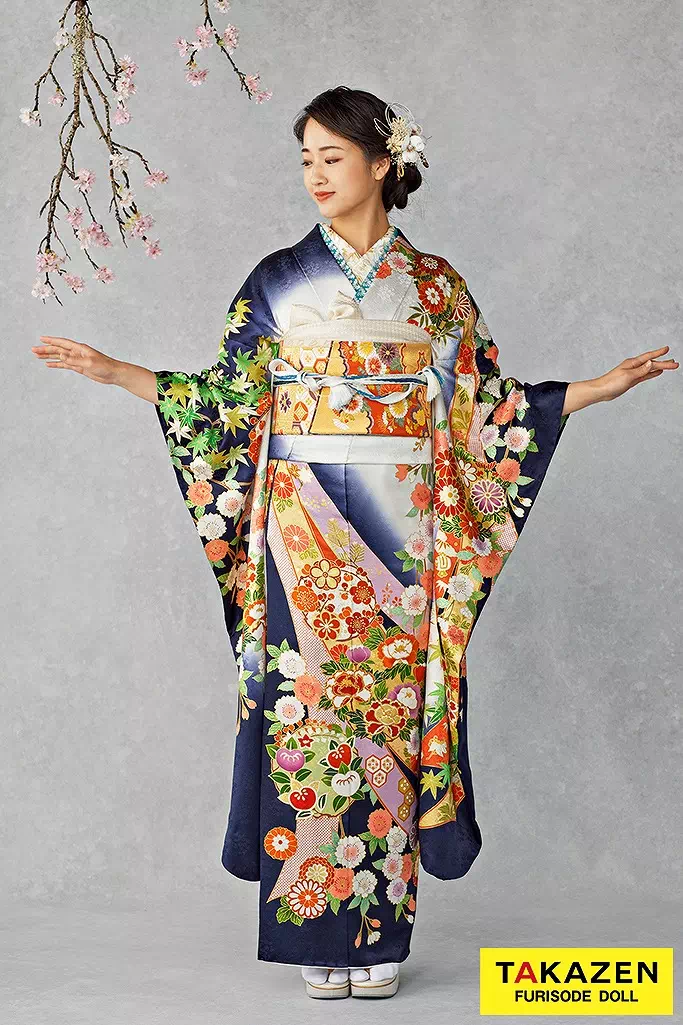 TAKAZENのレンタル振袖 最高級古典柄振袖　吉澤織物/文楽/人間国宝吉田簑助　紺色/ネイビー/白　熨斗柄　大人っぽい　上品　綺麗　天翔愛【通販可】25039