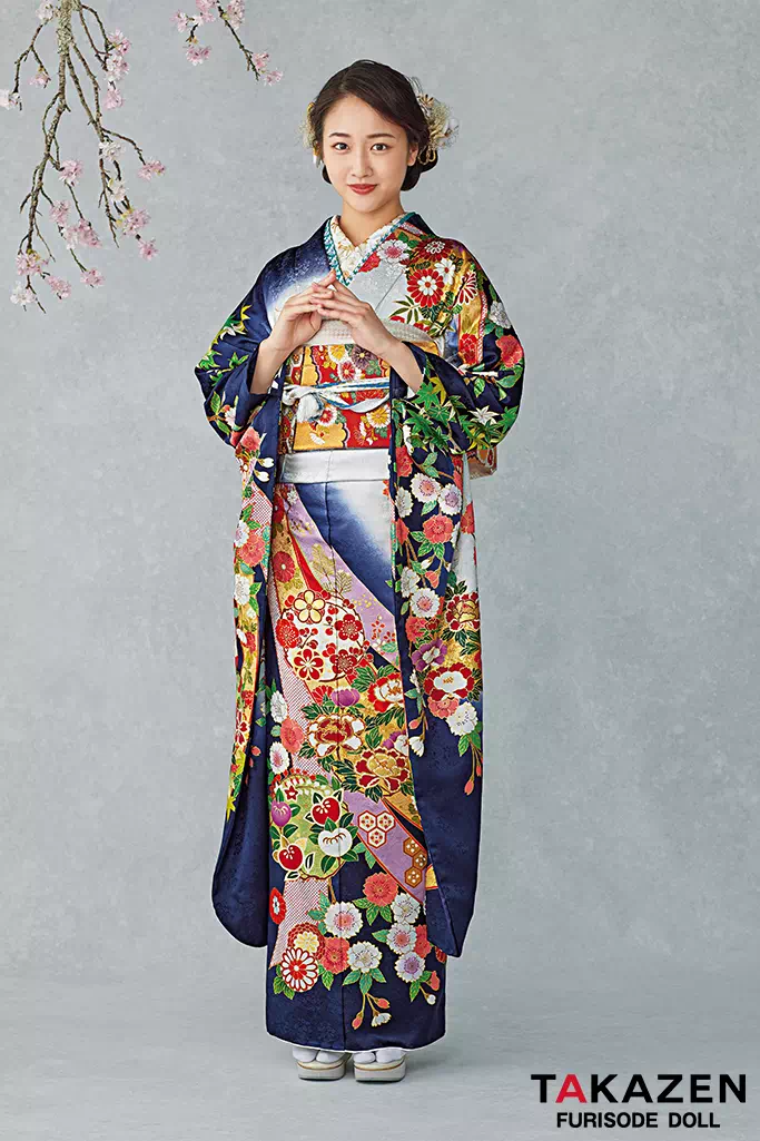 TAKAZENのレンタル振袖 最高級古典柄振袖　吉澤織物/文楽/人間国宝吉田簑助　紺色/ネイビー/白　熨斗柄　大人っぽい　上品　綺麗　天翔愛【通販可】25039