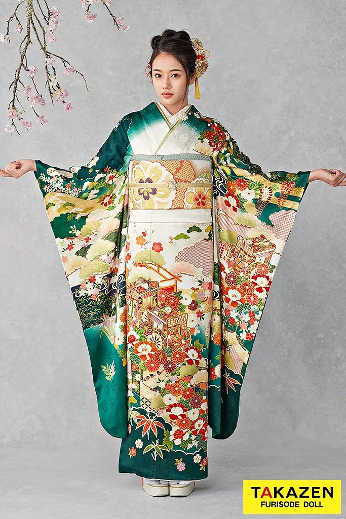 TAKAZENのレンタル振袖 最高級古典柄振袖　吉澤織物/文楽/人間国宝吉田簑助　緑/白　御所車柄　清楚　おしとやか　上品　天翔天音【通販可】25040