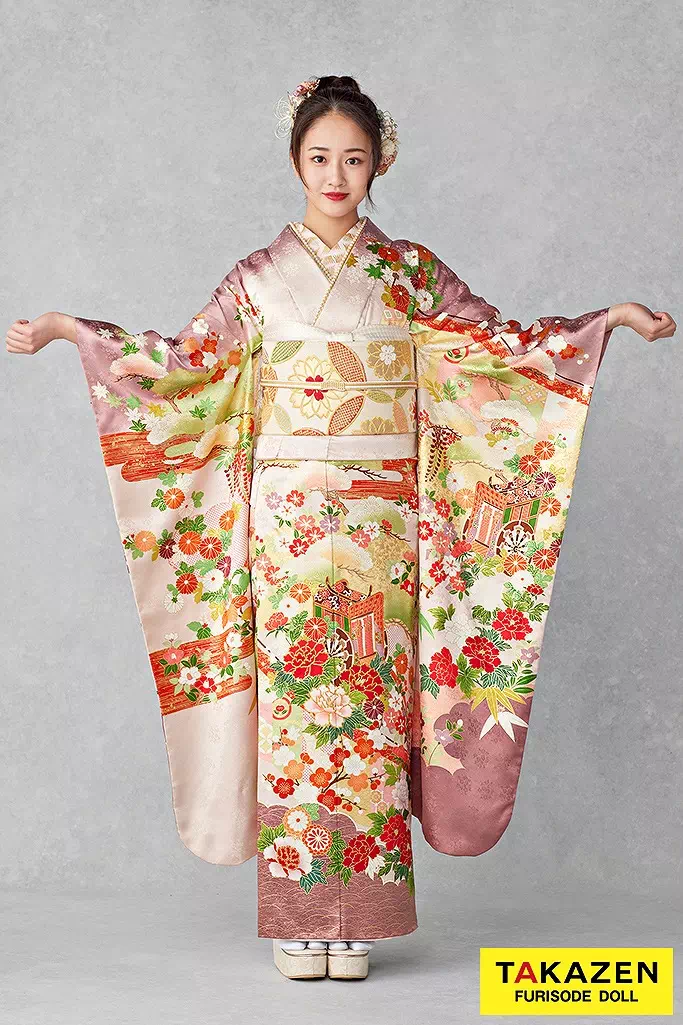 TAKAZENのレンタル振袖 最高級古典柄振袖　吉澤織物/文楽/人間国宝吉田簑助　白/ピンクベージュ/くすみ色　御所車柄　華やか　上品　天翔愛【通販可】25041