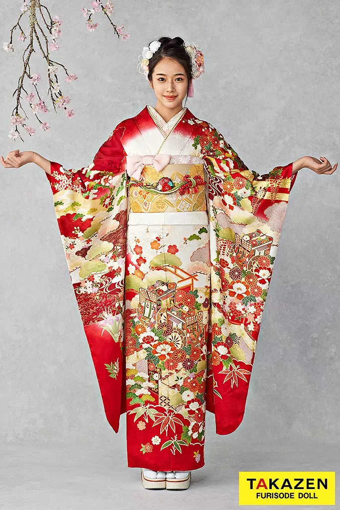 TAKAZENのレンタル振袖 最高級古典柄振袖　吉澤織物/文楽/人間国宝吉田簑助　白/ピンクベージュ/くすみ色　御所車柄　華やか　上品　天翔天音【通販可】25042