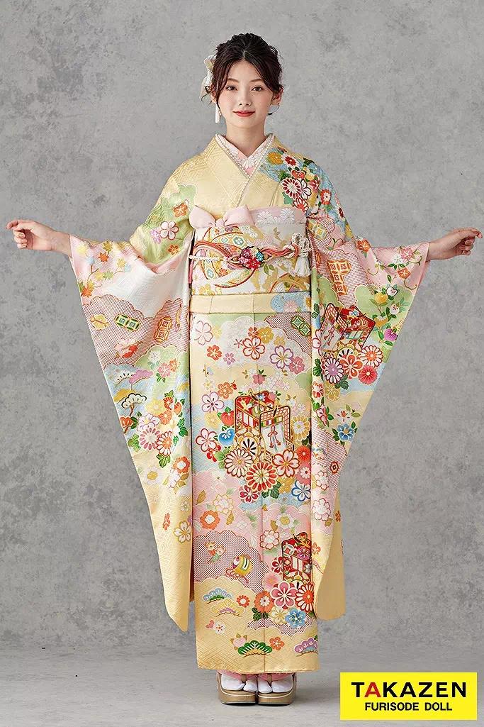 TAKAZENのレンタル振袖 最高級古典柄振袖　吉澤織物/吾妻徳穂　黄色/ピンク　御所車柄/雲取り　上品　はんなり　かわいい　やわらかい印象　南琴奈【通販可】25043