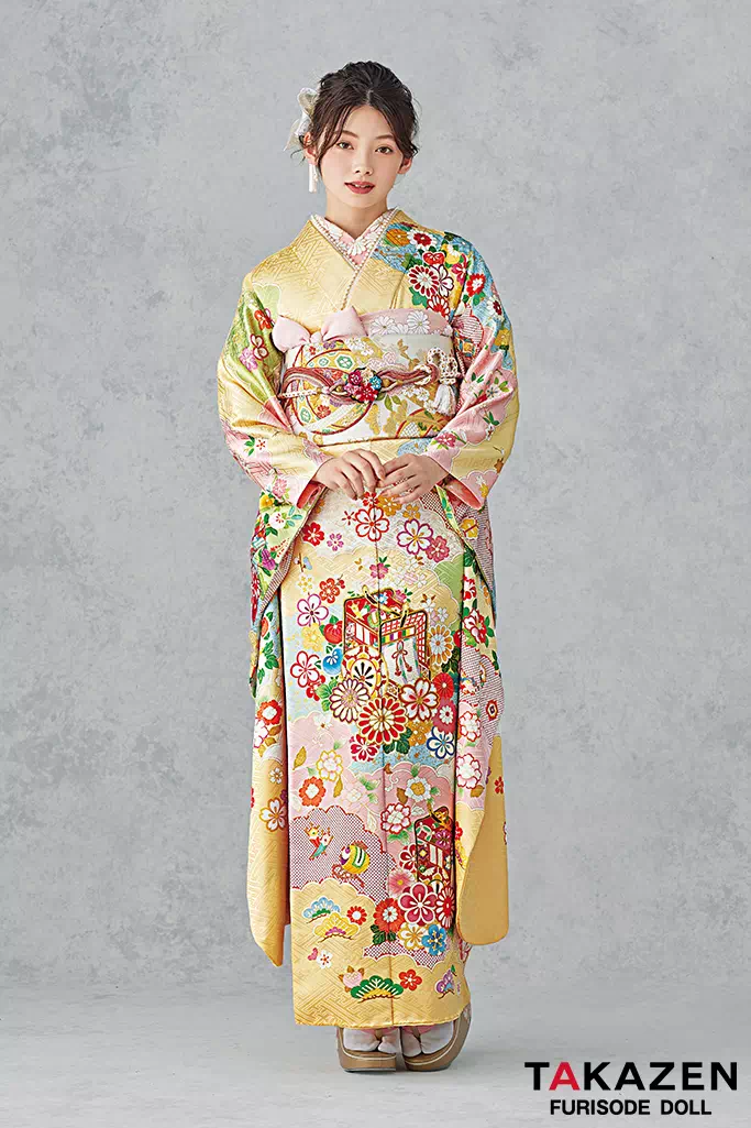 TAKAZENのレンタル振袖 最高級古典柄振袖 吉澤織物/吾妻徳穂 黄色/ピンク 御所車柄/雲取り 上品 はんなり かわいい やわらかい印象 南琴奈【通販可】25043