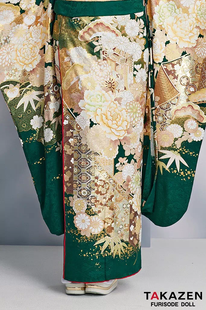 TAKAZENのレンタル振袖 最高級古典柄振袖　関芳/最高級金彩刺繍友禅　緑/金　御所車柄/牡丹柄　豪華　大人っぽい　煌びやか　桂由美プレミアム　天翔愛【通販可】25047