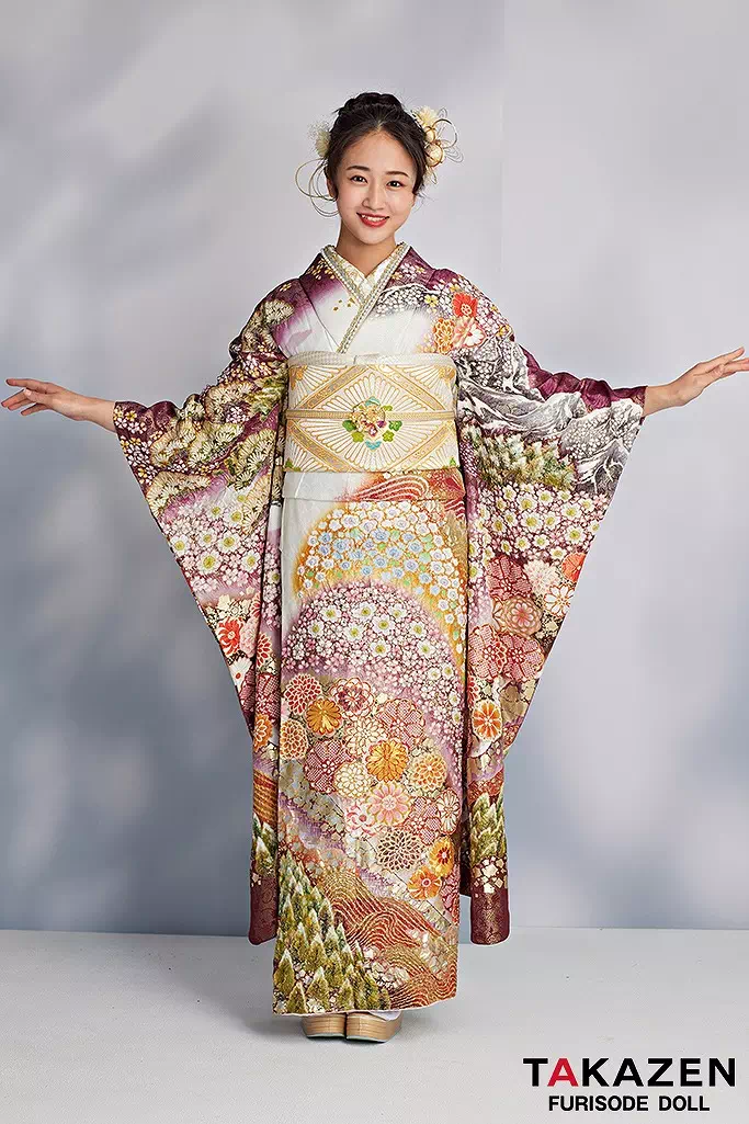 TAKAZENのレンタル振袖 最高級古典柄振袖　関芳/最高級金彩刺繍絞り友禅　白/ボルドー　藤/桜/菊　豪華　煌びやか　エレガント　天翔愛【通販可】25049