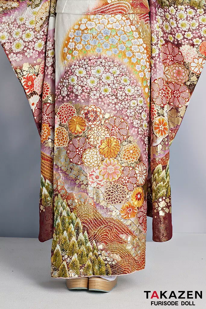 TAKAZENのレンタル振袖 最高級古典柄振袖　関芳/最高級金彩刺繍絞り友禅　白/ボルドー　藤/桜/菊　豪華　煌びやか　エレガント　天翔愛【通販可】25049