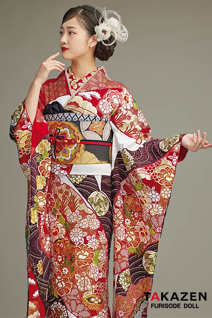 TAKAZENのレンタル振袖 最高級古典柄振袖　滝泰/最高級金彩刺繍絞り友禅　赤/金　貝桶柄/牡丹柄　大人っぽい　絞り　天翔愛【通販可】25050