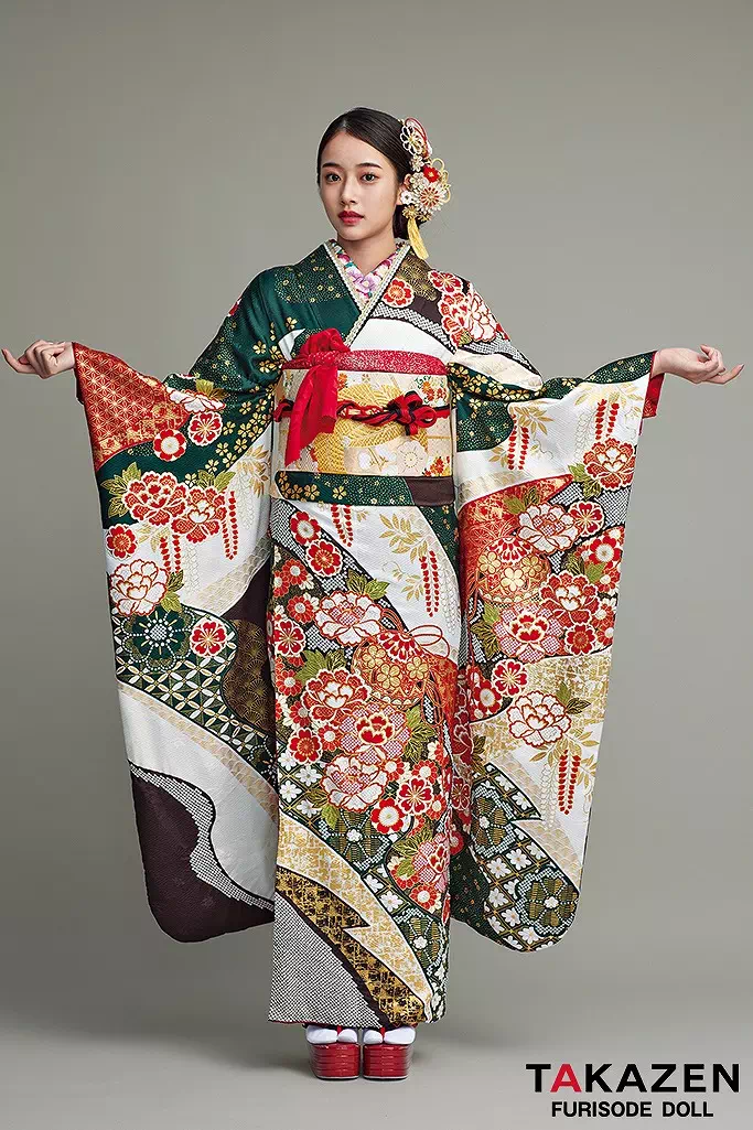 TAKAZENのレンタル振袖 最高級古典柄振袖　滝泰/最高級金彩刺繍絞り友禅　緑/赤　鞠柄/牡丹柄　上品　絞り　清楚　天翔天音【通販可】25051