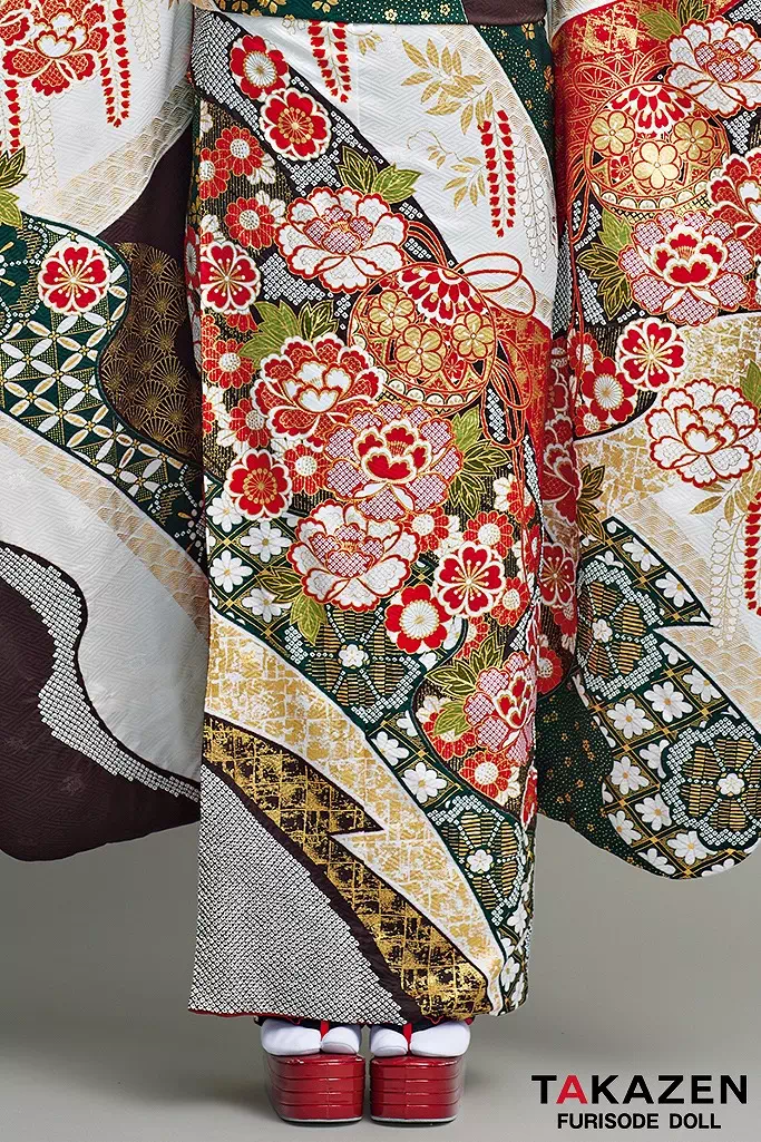 TAKAZENのレンタル振袖 最高級古典柄振袖　滝泰/最高級金彩刺繍絞り友禅　緑/赤　鞠柄/牡丹柄　上品　絞り　清楚　天翔天音【通販可】25051