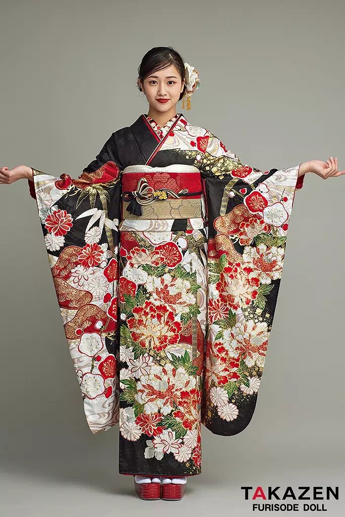 TAKAZENのレンタル振袖 最高級古典柄振袖　滝泰/最高級金彩刺繍絞り友禅　黒/白/赤　牡丹柄　かっこいい　大人っぽい　綺麗　豪華　天翔愛【通販可】25053