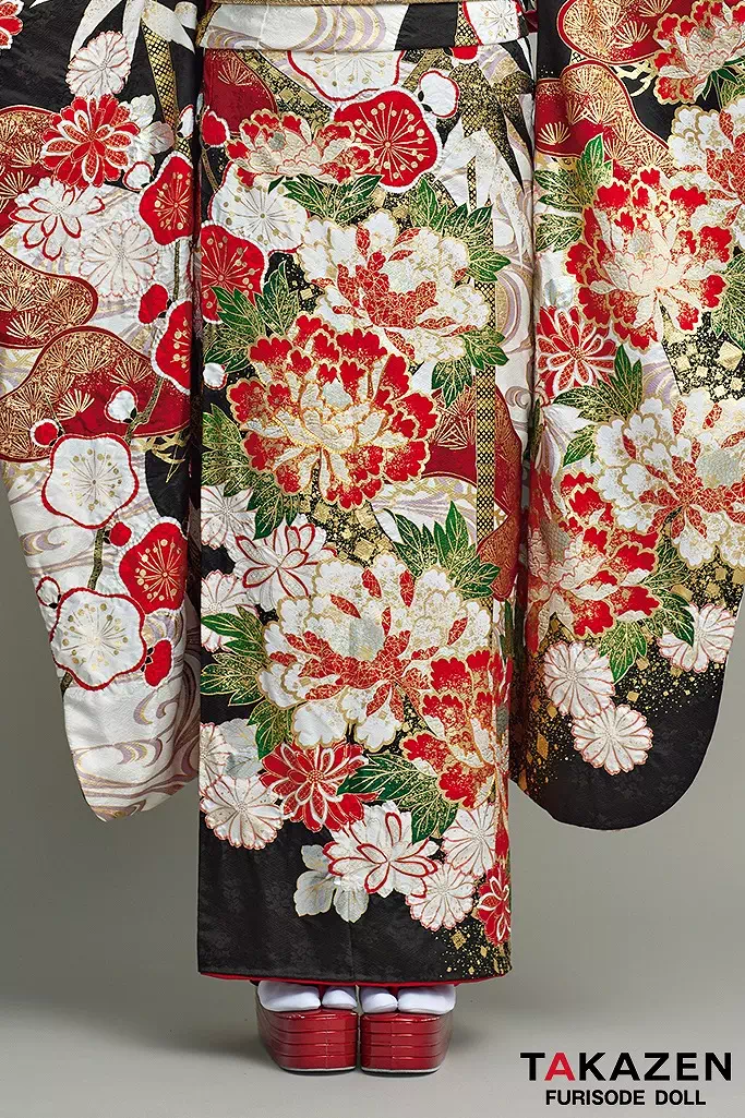 TAKAZENのレンタル振袖 最高級古典柄振袖　滝泰/最高級金彩刺繍絞り友禅　黒/白/赤　牡丹柄　かっこいい　大人っぽい　綺麗　豪華　天翔愛【通販可】25053