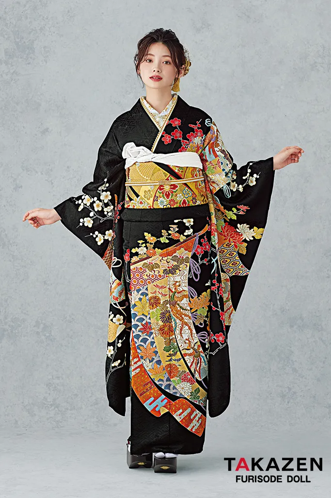 TAKAZENのレンタル振袖 最高級古典柄振袖　千總/最高級金彩刺繍手描京友禅　黒/金　几帳柄/鳳凰柄　上品　大人っぽい　綺麗　豪華　南琴奈【通販可】25054