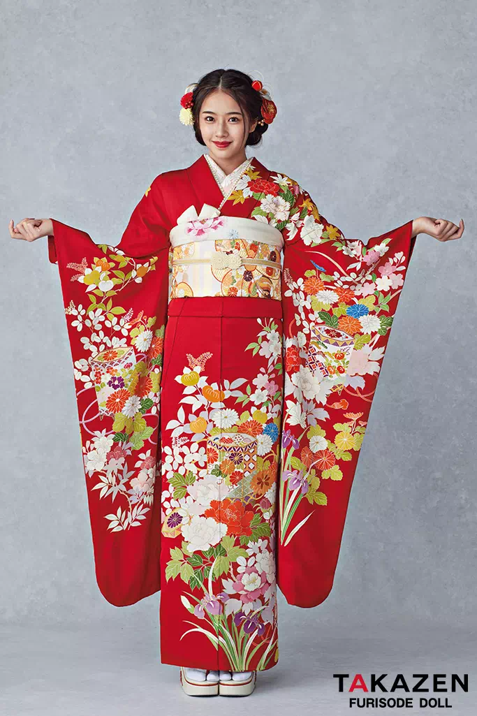TAKAZENのレンタル振袖 最高級古典柄振袖　千總/最高級金彩刺繍手描京友禅　赤　貝桶柄　上品　綺麗　豪華　華やか　清楚　天翔天音【通販可】25055