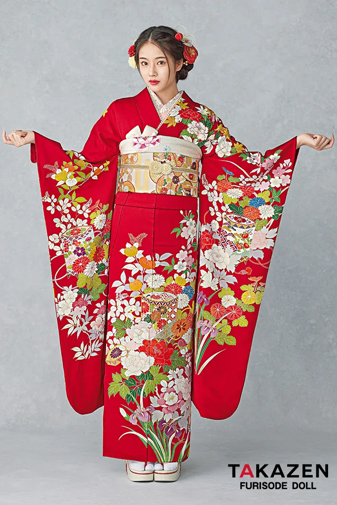 TAKAZENのレンタル振袖 最高級古典柄振袖　千總/最高級金彩刺繍手描京友禅　赤　貝桶柄　上品　綺麗　豪華　華やか　清楚　天翔天音【通販可】25055