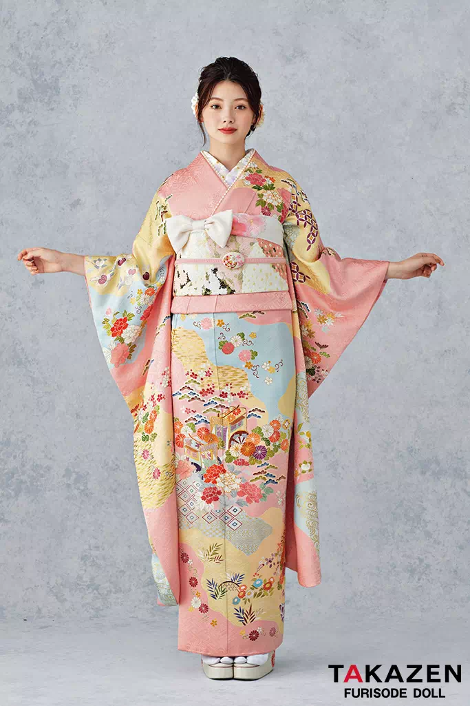 TAKAZENのレンタル振袖 最高級古典柄振袖　千總/最高級金彩刺繍手描京友禅　ピンク/水色　御所車柄/貝桶柄　上品　綺麗　かわいい　清楚　南琴奈【通販可】25056