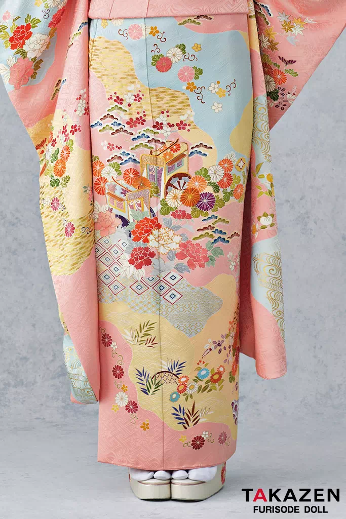 TAKAZENのレンタル振袖 最高級古典柄振袖　千總/最高級金彩刺繍手描京友禅　ピンク/水色　御所車柄/貝桶柄　上品　綺麗　かわいい　清楚　南琴奈【通販可】25056