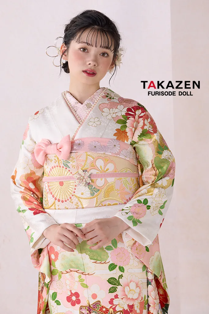 TAKAZENのレンタル振袖 正統派古典　白/ピンク　御所車柄/牡丹柄　吉澤織物/最高級金彩手描友禅　上品　綺麗　かわいい　清楚　柄小さめ【通販可】25057