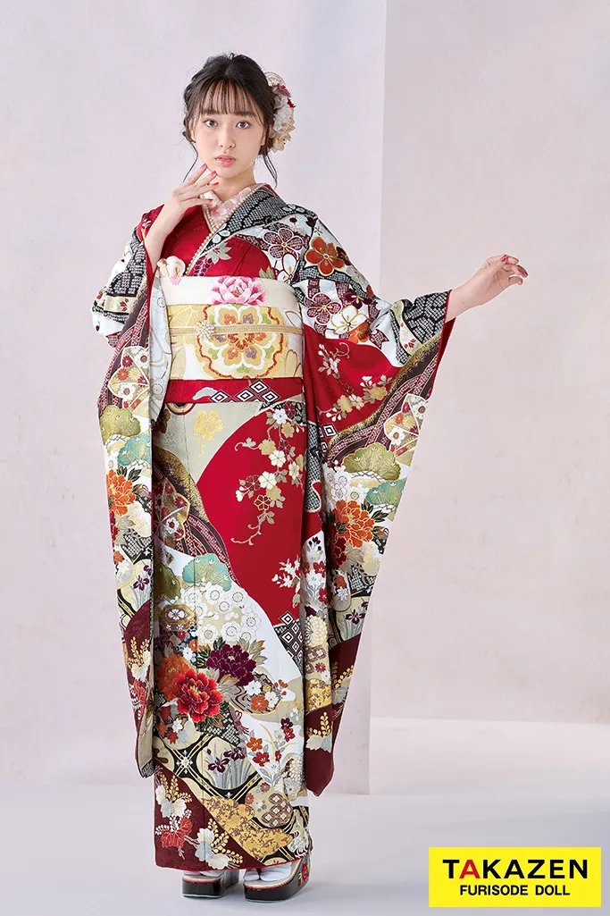 TAKAZENのレンタル振袖 正統派古典　赤/白　貝桶柄/牡丹柄　金彩金駒刺繍京友禅　定番　上品　綺麗　かわいい　清楚　柄小さめ　藤岡舞衣【通販可】25058