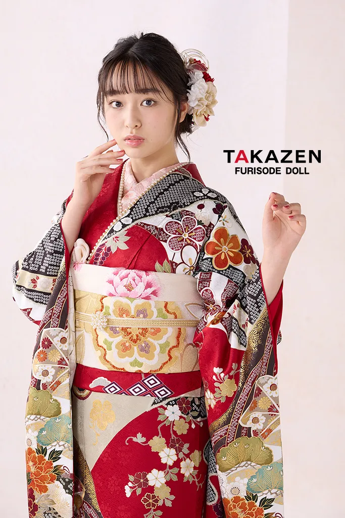 TAKAZENのレンタル振袖 正統派古典　赤/白　貝桶柄/牡丹柄　金彩金駒刺繍京友禅　定番　上品　綺麗　かわいい　清楚　柄小さめ　藤岡舞衣【通販可】25058