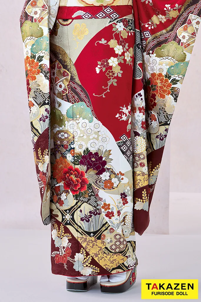 TAKAZENのレンタル振袖 正統派古典　赤/白　貝桶柄/牡丹柄　金彩金駒刺繍京友禅　定番　上品　綺麗　かわいい　清楚　柄小さめ　藤岡舞衣【通販可】25058