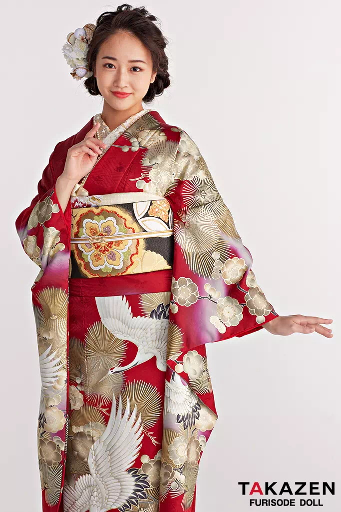 TAKAZENのレンタル振袖 正統派古典　赤/金　鶴柄/針松柄　豪華　華やか　綺麗　クラシカル　金彩京友禅【通販可】25061