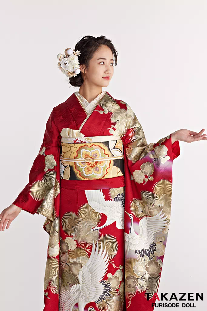 TAKAZENのレンタル振袖 正統派古典　赤/金　鶴柄/針松柄　豪華　華やか　綺麗　クラシカル　金彩京友禅【通販可】25061