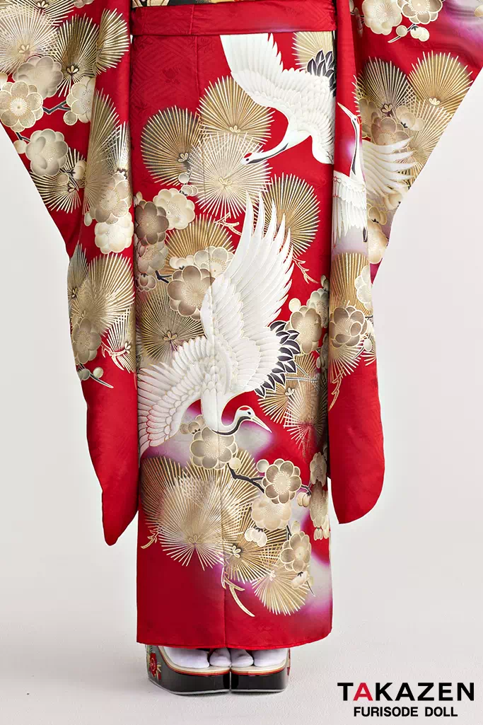 TAKAZENのレンタル振袖 正統派古典　赤/金　鶴柄/針松柄　豪華　華やか　綺麗　クラシカル　金彩京友禅【通販可】25061