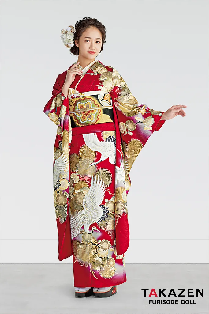 TAKAZENのレンタル振袖 正統派古典　赤/金　鶴柄/針松柄　豪華　華やか　綺麗　クラシカル　金彩京友禅【通販可】25061