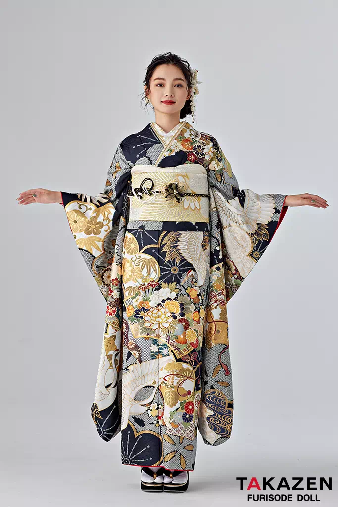 TAKAZENのレンタル振袖 正統派古典　紺/金/ネイビー　鶴柄/絞り模様　大人っぽい　豪華　柄多め　華やか【通販可】25063