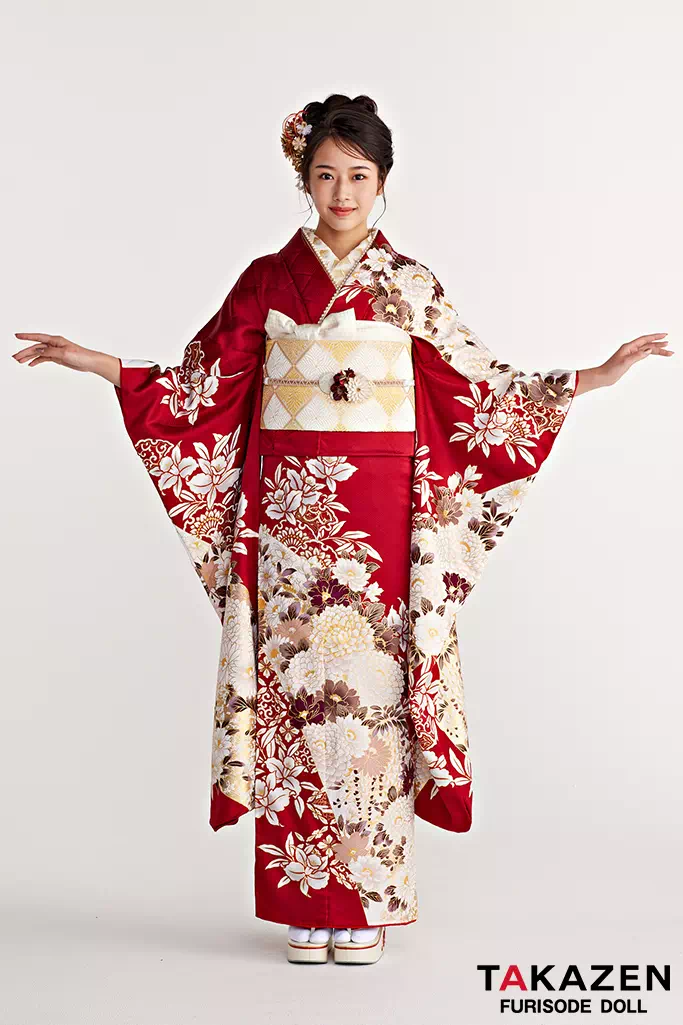 TAKAZENのレンタル振袖 正統派古典　赤/白　菊柄/柄多め　上品　豪華　柄多め　華やか【通販可】25064
