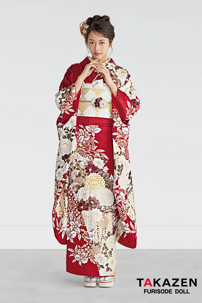 TAKAZENのレンタル振袖 正統派古典　赤/白　菊柄/柄多め　上品　豪華　柄多め　華やか【通販可】25064