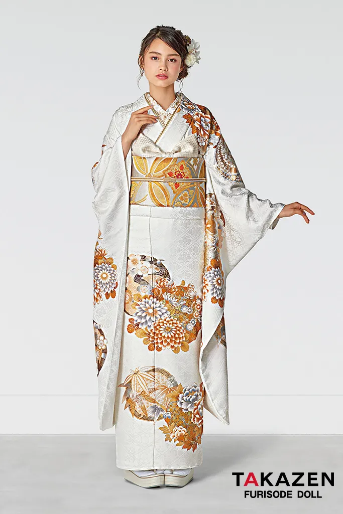 TAKAZENのレンタル振袖 正統派古典　白/金　菊柄/吉祥文様　上品　シンプル　控えめ　おしとやか【通販可】25065