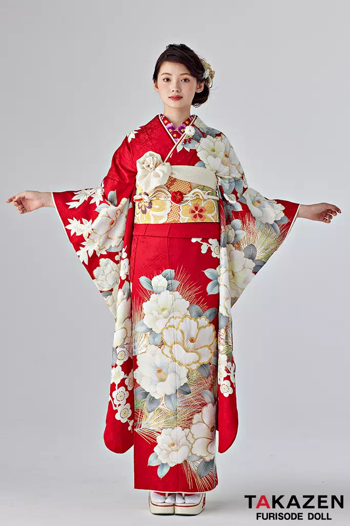 TAKAZENのレンタル振袖 正統派古典　赤/白　椿柄/針松　上品　おしとやか　かわいい【通販可】25066