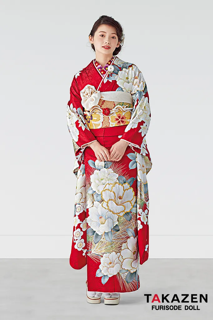 TAKAZENのレンタル振袖 正統派古典　赤/白　椿柄/針松　上品　おしとやか　かわいい【通販可】25066