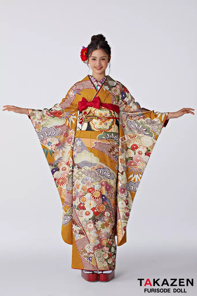 TAKAZENのレンタル振袖 正統派古典　からし　熨斗柄/菊柄　柄小さめ　上品　柄多め　かわいい　今どき　人気【通販可】25068