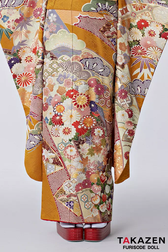TAKAZENのレンタル振袖 正統派古典　からし　熨斗柄/菊柄　柄小さめ　上品　柄多め　かわいい　今どき　人気【通販可】25068