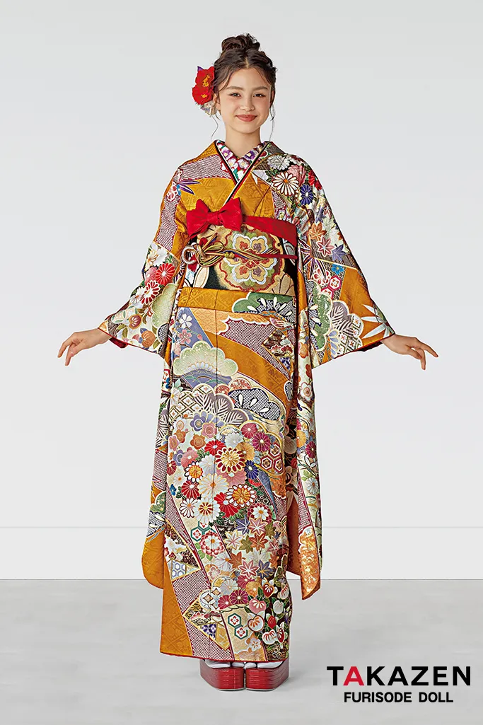 TAKAZENのレンタル振袖 正統派古典　からし　熨斗柄/菊柄　柄小さめ　上品　柄多め　かわいい　今どき　人気【通販可】25068