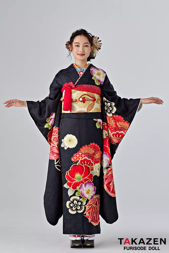 TAKAZENのレンタル振袖 正統派古典　黒/赤　椿柄　シンプル　かっこいい　大人っぽい【通販可】25069