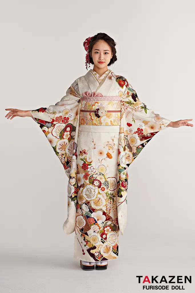TAKAZENのレンタル振袖 正統派古典　白　梅柄　シンプル　かわいい　低身長さんにおすすめ【通販可】25070