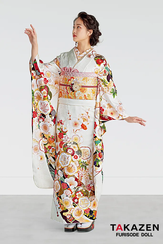TAKAZENのレンタル振袖 正統派古典　白　梅柄　シンプル　かわいい　低身長さんにおすすめ【通販可】25070